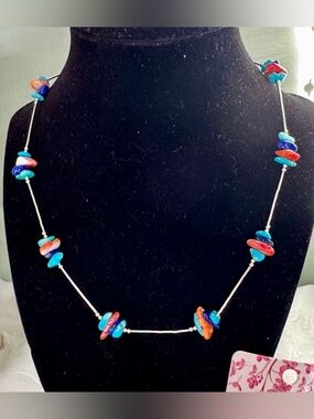 18” Liquid Silver Necklace with Turquoise, Lapis Lazuli and Spiny Oyster Shell